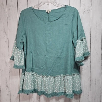 Umgee Women's Green Bell Sleeve Ruffle Hem Fringe Linen Blend Size Large - Image 1 of 4