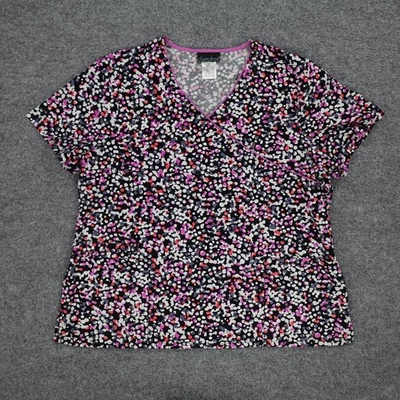 Cherokee Scrub Womens 2XL Top Black Pink White Spots Dots Colorful Vet Nurse - Image 1 of 4
