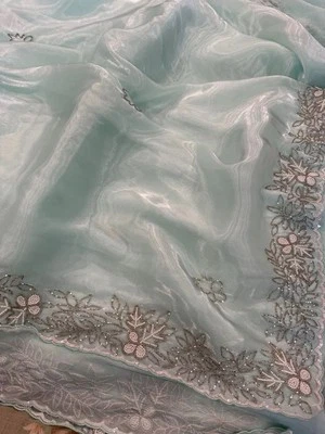 Mint Green Hand Embroidery Designer Saree partywear Wedding Bollywood Sari - Image 1 of 4