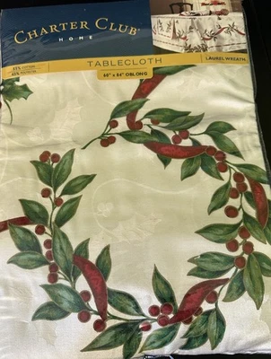 Charter Club Christmas Tablecloth Laurel Wreath Holy New 60x84” Oblong - Image 1 of 4