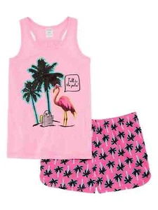 Girls Pink Flamingo Talk To The Palm Pajamas Shorts & Tank Top Sleep Set XXS - Picture 1 of 1