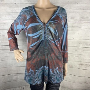 Camisa One World mediana azul marrón plisada teñida bohemia floral manga 3/4 - Imagen 1 de 12