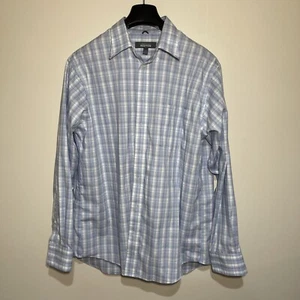 Kenneth Cole Button Up Dress Shirt Sz L 16-16 1/2 34/35 Regular Fit Blue Plaid - Picture 1 of 4