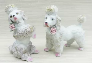 Par de Figuras Vintage de Espagueti Blanco CANICHE Rosas y Patas Rosa Doradas Doradas - Imagen 1 de 4