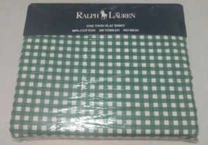 Vintage New Ralph Lauren Twin Flat Sheet Medium Gingham Forest Green USA - Picture 1 of 9