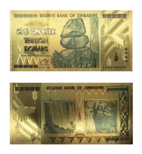 Billete de banco de 100 billones de dólares de Zimbabue moneda enchapado en oro dinero raro - Imagen 1 de 13