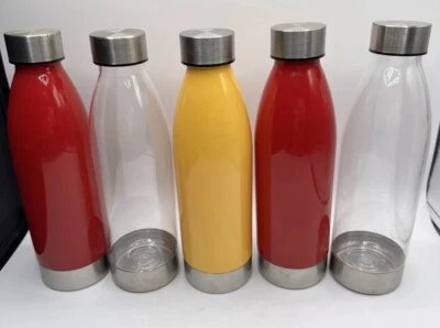 Set Of 5 Plastic Water Bottles With stainless steel screw lids Red Clear Yellow - Image 1 of 4