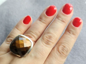 TIGERS EYE SILVER RING. LARGE FACETTED TIGERS EYE RING. 925. - Picture 1 of 5