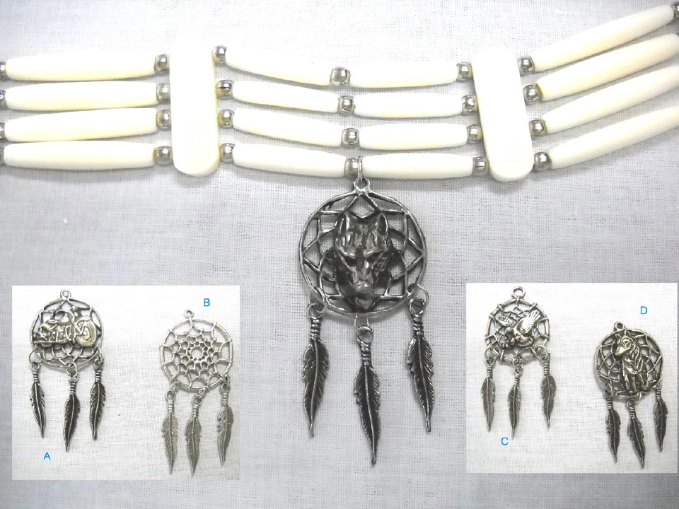 COLLAR GARGANTILLA HUESO BÚFALO BLANCO 4 FILAS CABEZA DE LOBO ATRAPASUEÑOS COLGANTE DE PELTRE Foto 1 de 1