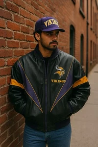 Vintage Pro Player Minnesota Vikings Leather Jacket Mens L NFL 90s Retro - Picture 1 of 16