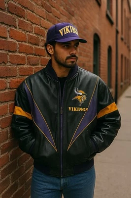 Vintage Pro Player Minnesota Vikings Leather Jacket Mens L NFL 90s Retro - Image 1 of 4