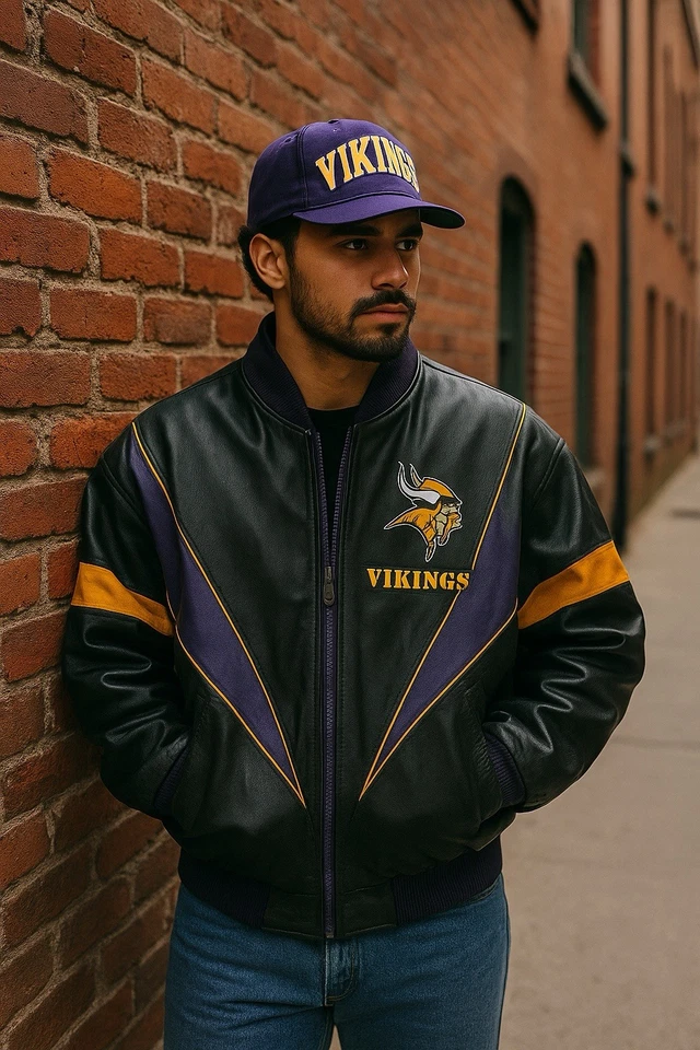 Vintage Pro Player Minnesota Vikings Leather Jacket Mens L NFL 90s Retro - Image 1 of 4