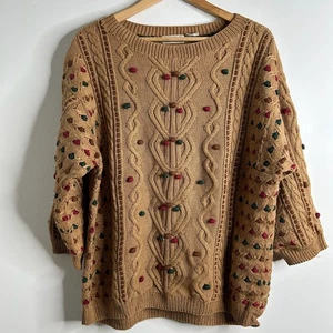 Vintage Zopfmuster Grobstrick hellbraun 3D Strick Coogi Style Pullover Damen Oversize XL - Bild 1 von 6