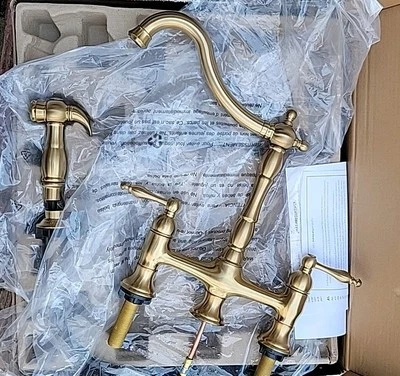 NEW Delacour Bridge Kitchen Faucet w Side Spray Brushed Gold Signature Hardware  - Image 1 of 4