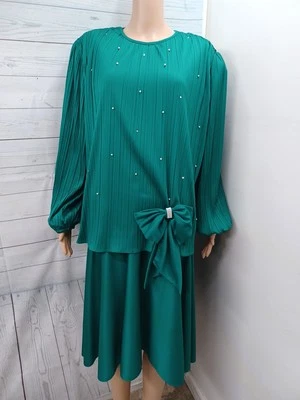 Vtg Quartz Green Dress Sz 16W Pleated Ruffle Bow Drop Waist  - Image 1 of 4