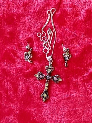 Nicky Butler 925 Sterling Silver Gemstone Cross Pendant with Matching Earrings - Image 1 of 4