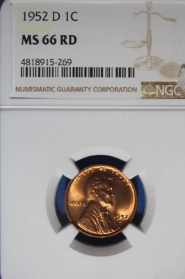 1952 D NGC- MS66 RD LINCOLN WHEAT CENT #B50644 - Image 1 of 2