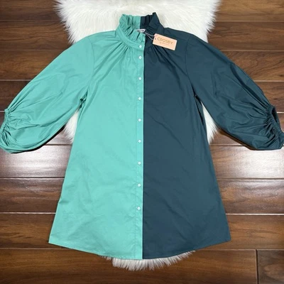 Crosby Mollie Burch Size XS Teal Olive Ruffle Collar Button Front Shirt Dress - Image 1 of 4