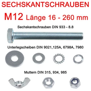 Sechskantschrauben SET M12 verzinkt DIN 933 mit 4 Unterlegscheiben und 1 Mutter - Bild 1 von 4