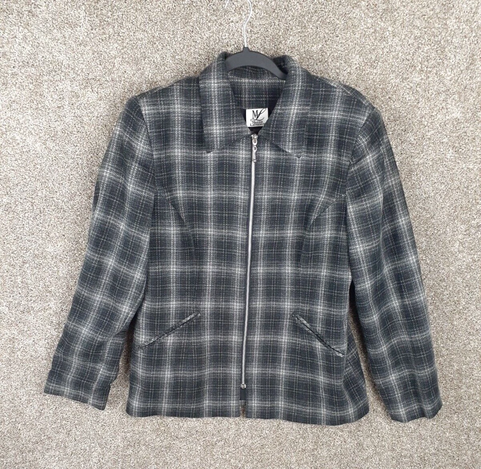 Vtg Maggie Lawrence Plaid Jacket Full Zip Womens L Black White Collard Casual - Image 1 of 4