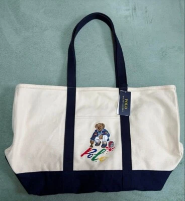 Polo Ralph Lauren Canvas Bear Tote Bag logo zipper white fashion goods unisex - Image 1 of 4