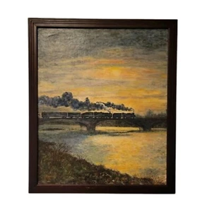 vintage oil painting signed jean began steam train bridge sunset 24x20 framed - Picture 1 of 10