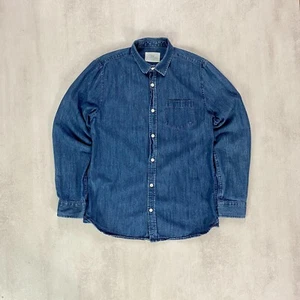 Folk Mens Denim Shirt Sz M Cobalt Blue 100% Cotton Biker Western Regular Fit - Picture 1 of 9