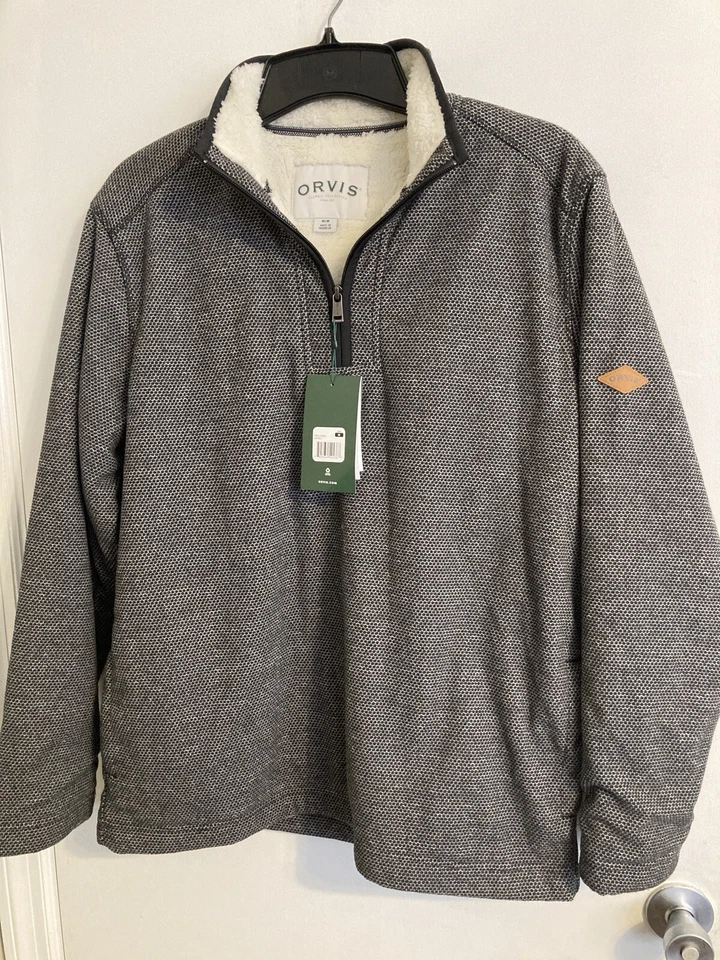 Mens Sz Medium 1/4 Zip Pullover ORVIS Faux Fur Sherpa Lined Warm Long Sleave