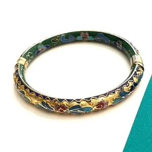 Vintage Cloisonne Hinged Bangle Bracelet Green & Gold Color Enamel Floral Design - Picture 1 of 10