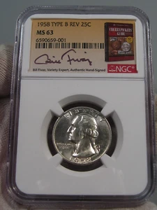 BU 1958 Type B Reverse Type Silver Quarter NGC MS63 Signed: FIVAS.  #1 - Picture 1 of 7