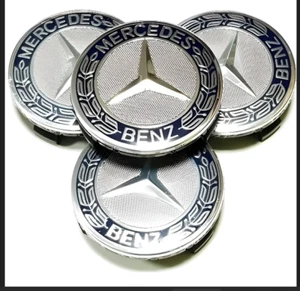 LOT 4 Cache Moyeu 75mm BLEU NUIT Pour Mercedes Logo Emblème Jante Centre De Roue - Picture 1 of 2