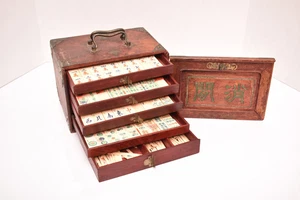 Antique MAH JONGG SET BONE BAMBOO HAND Carved mahjong TILES WOOD Case VTG-- - Picture 1 of 13