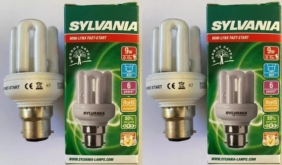 2X Sylvania 9w (=45w) Mini-Lynx Fast Start Energy saver 6000hr 80% cost saviwing - Image 1 of 1