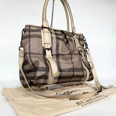 Burberry Smoked Check Tote Bag Shoulder Bag 2WAY Beige Leather Plaid Pattern - Image 1 of 4