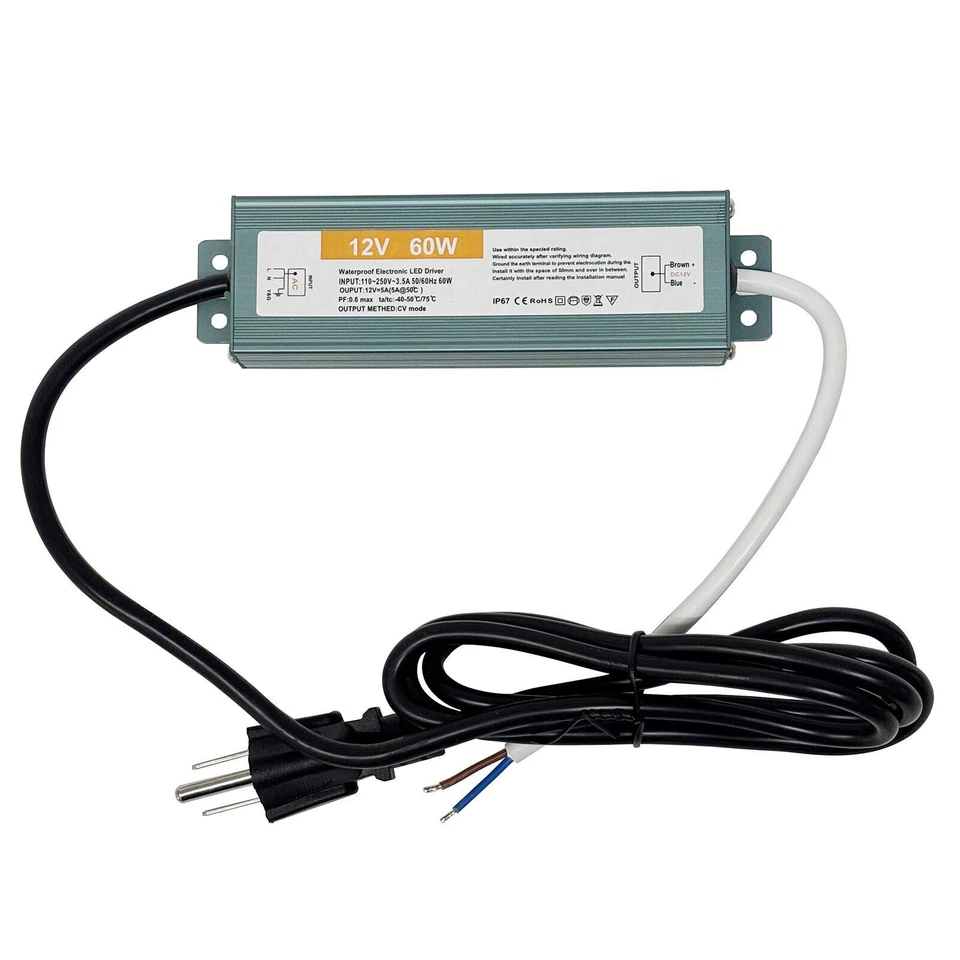60W 12V LED Power Supply Waterproof IP67 LED Light Driver, 110V AC to 12V DC 5A - Image 1 of 4