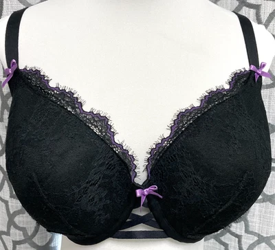 Cacique Lightly Lined Balconette Bra 42DD Black/Purple Lace - Image 1 of 4