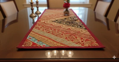 Embroidered Table Runner Bohemian Burgundy Vintage Wall Hanging Gift L-59" - Image 1 of 4