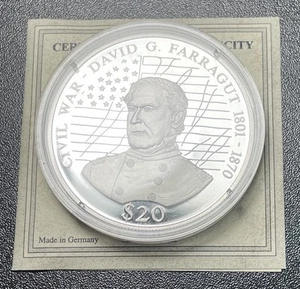 REPÚBLICA DE Liberia 2000 David Farragut 20 Dólares Prueba MONEDA .999 Plata - Imagen 1 de 6