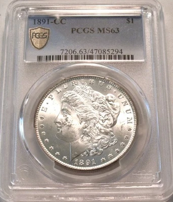 Dólar de plata Morgan 1891 CC $1 PCGS MS 63, sin circular mejor fecha Carson City Foto 1 de 4