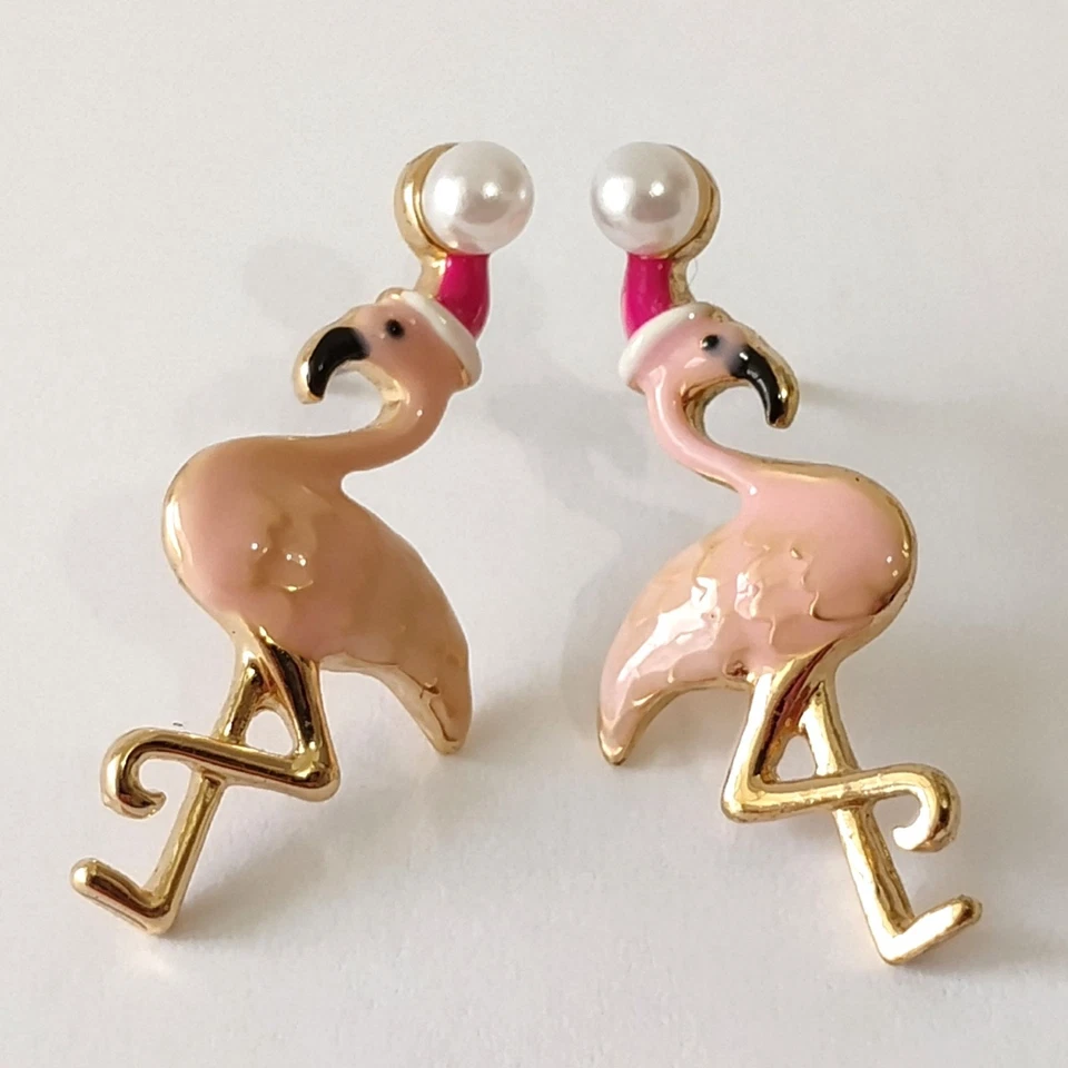 Betsey Johnson Santa Hat Faux Pearl Pink Enamel Flamingo Earrings - Image 1 of 4