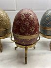 3 Brass Eggs w/Stands, Blue, red and yellow, Vintage, Cloisonne India Easter