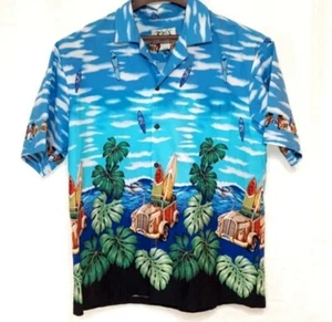 Steve & Barry's Classic Hawaiian Shirt Surf & Car Print 100% Cotton Size L Blue - Picture 1 of 8