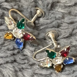 Vtg. B. David Signed Rhinestone Star Silver Tone Multi Color Screw Back Earrings - Picture 1 of 5