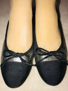 Chanel Metallic Gold and Black Canvas CC Bow Cap Toe Ballet Flats Size 37 - Picture 1 of 20