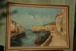 tableau peinture huile/toile vue d'un port voir signature ** - Picture 1 of 9