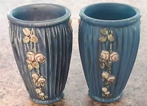Pair Antique Weller Blue Drapery 1915 Art Pottery Matte Blue Ceramic (2) Vase - Picture 1 of 16