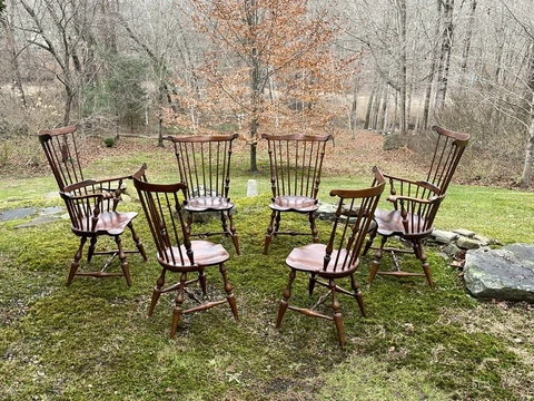 Set of six D. R. Dimes fan back countryWindsor chairs. Turned legs, saddle seats Cover