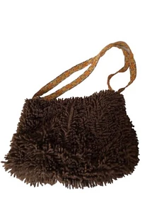 Large Hobo Shoulder Bag Fuzzy Brown Shabby Chic Y2K 90’s Handbag Purse Vegan - Picture 1 of 24