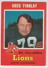 1971 OPC CFL Greg Findlay Card #42 BC Lions Wenatchee
