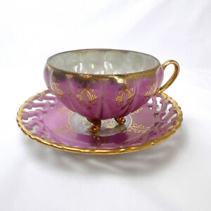 Vintage Royal Sealy Japan Pink Gold Iridescent 3 Footed Teacup Saucer Reticulate
